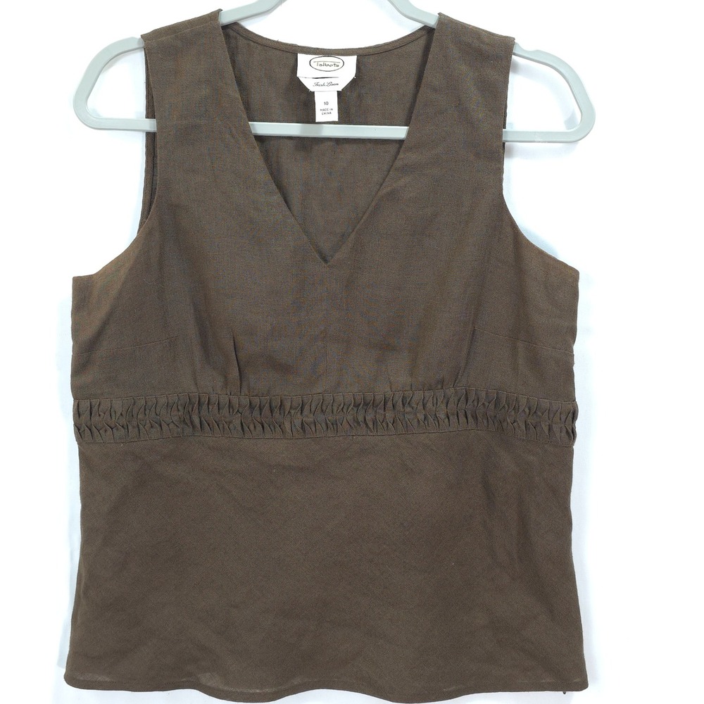 Talbots Irish Linen Brown Sleeveless Top V Neck Women 10 Minimalist Quiet Luxury